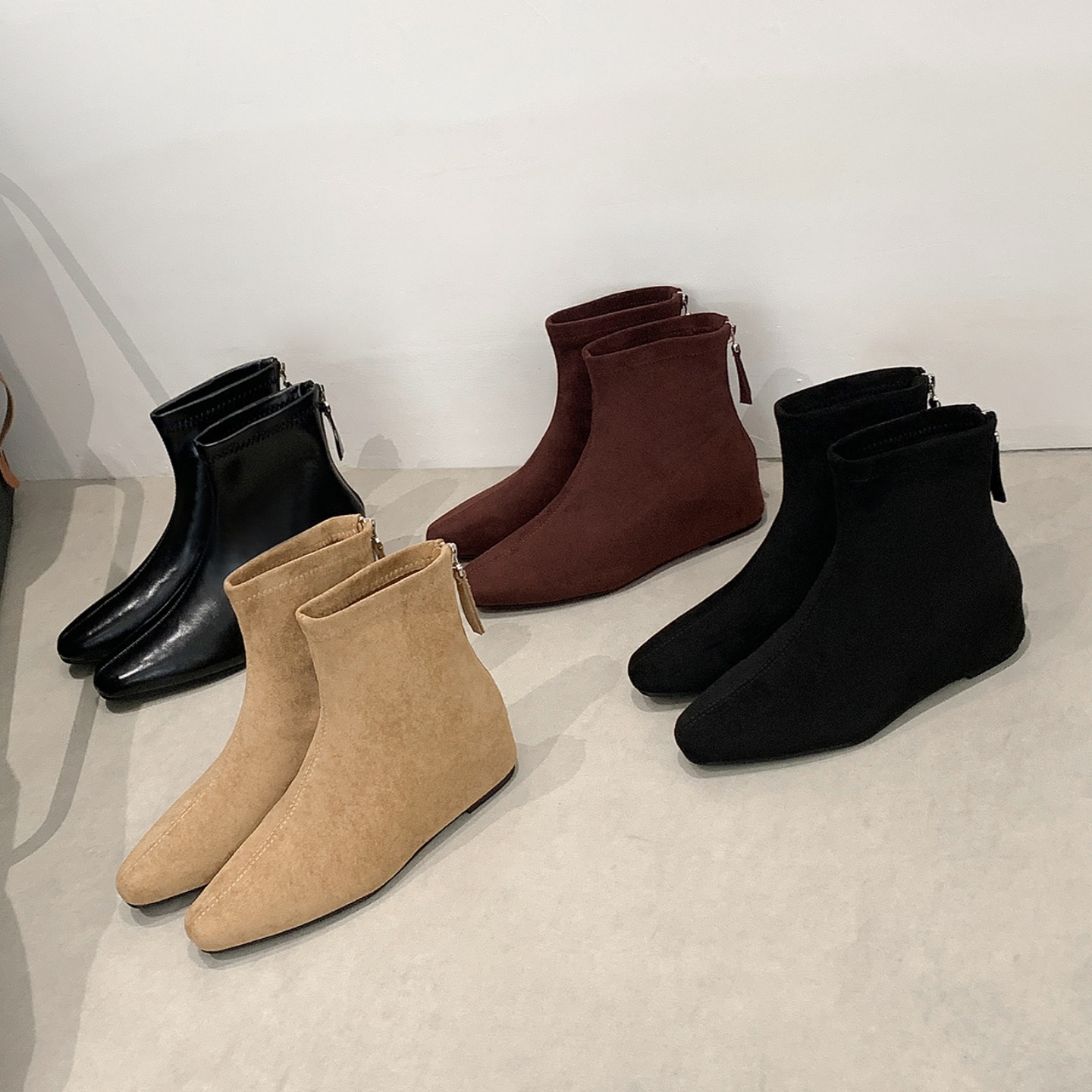 Korean Retro Pointed Suede 5cm Hidden Heel Minimalist Square Toe Back Zip Slim Boots Women Short Boots