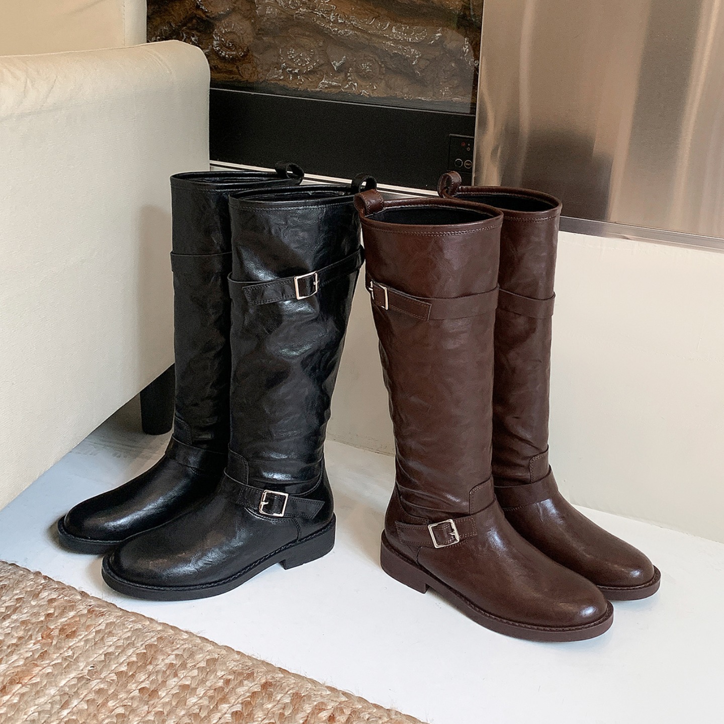 New Autumn Winter Trendy Round Toe Belt Buckle Chunky Heel Tall Riding Boots for Women