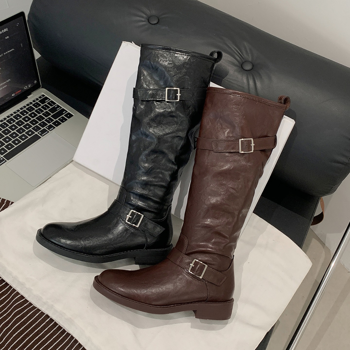 New Autumn Winter Trendy Round Toe Belt Buckle Chunky Heel Tall Riding Boots for Women - Image 4