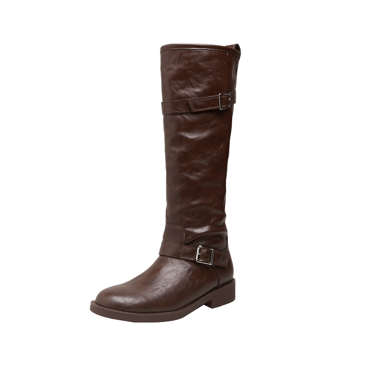 New Autumn Winter Trendy Round Toe Belt Buckle Chunky Heel Tall Riding Boots for Women - Image 5