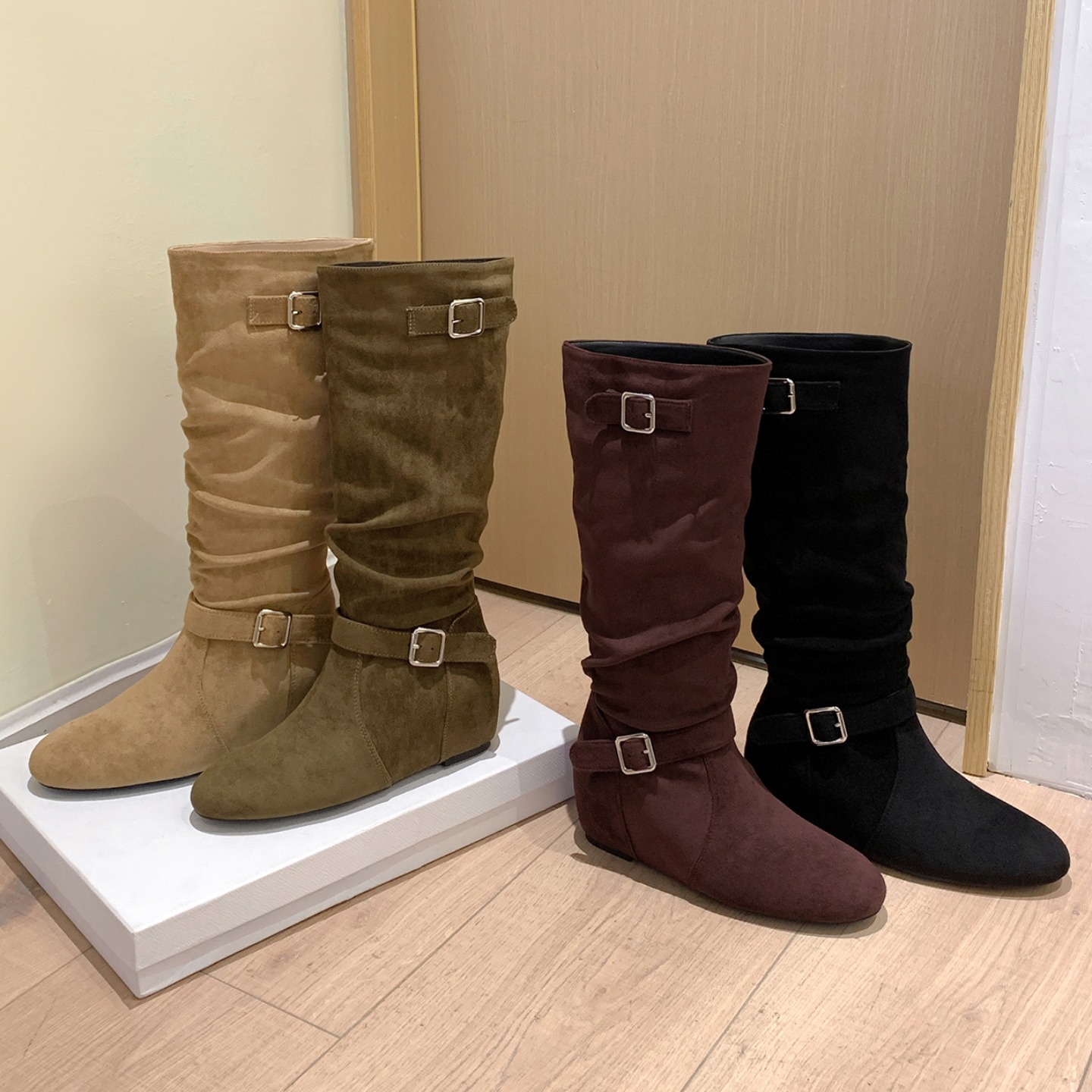 Crape Myrtle 2025 Fall Winter Women's High Top Boots with 5cm Hidden Heel, Korean Style Buckle Design, Street Fashion Chunky Boots