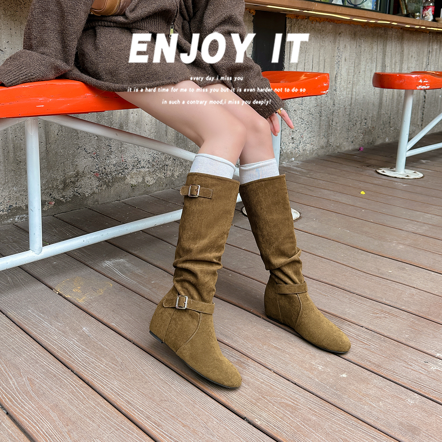 Crape Myrtle 2025 Fall Winter Women's High Top Boots with 5cm Hidden Heel, Korean Style Buckle Design, Street Fashion Chunky Boots - Image 3