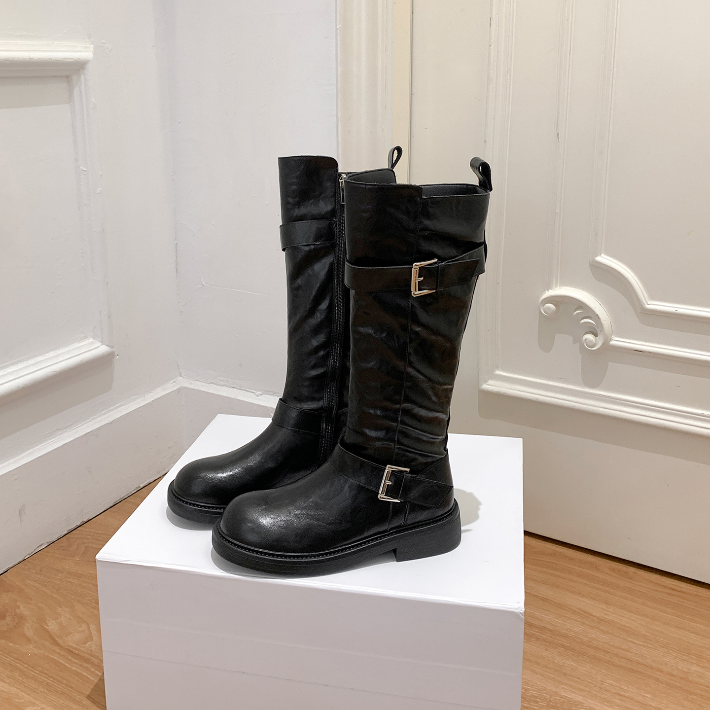 2025 New Buckle Boots Vintage Folded Chunky Heel Mid Calf Boots Knight Tall Boots Women Short Boots
