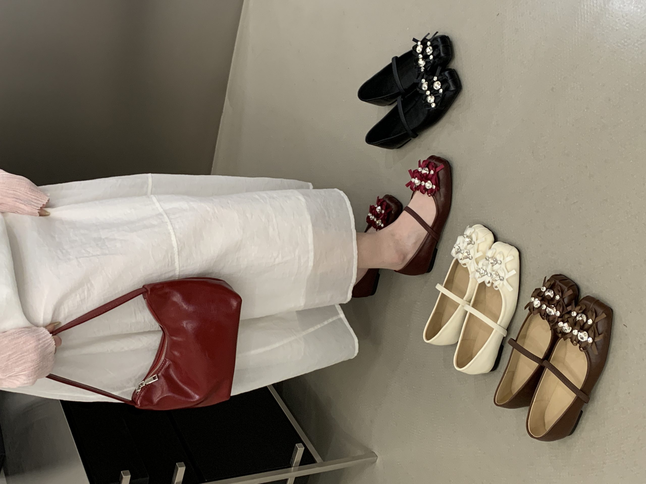 Bow Rhinestone Mary Jane Shoes Women Flat Low Top Square Toe Slip On