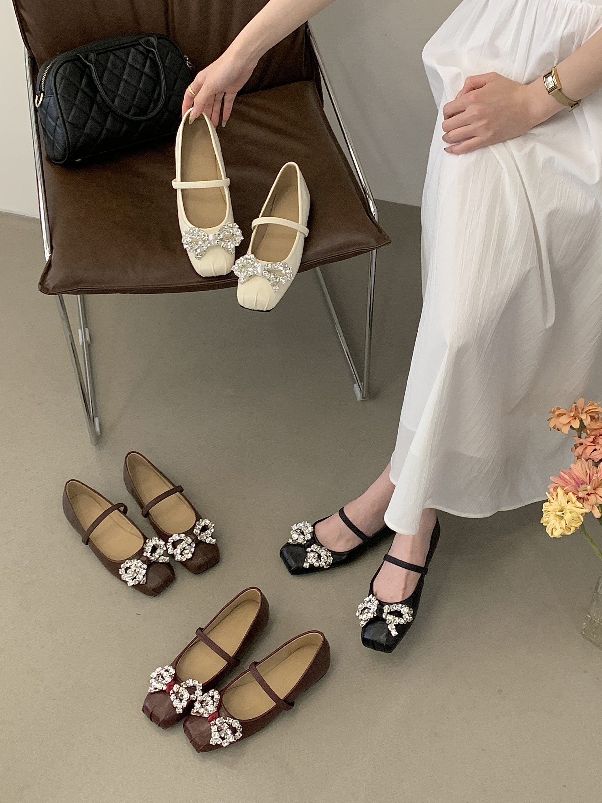 Designer Rhinestone Bow Mary Jane Shoes for Women - Low Heel Slip-On Flats for Daily, Banquet, Date, Party, Leisure - Spring Summer 2026