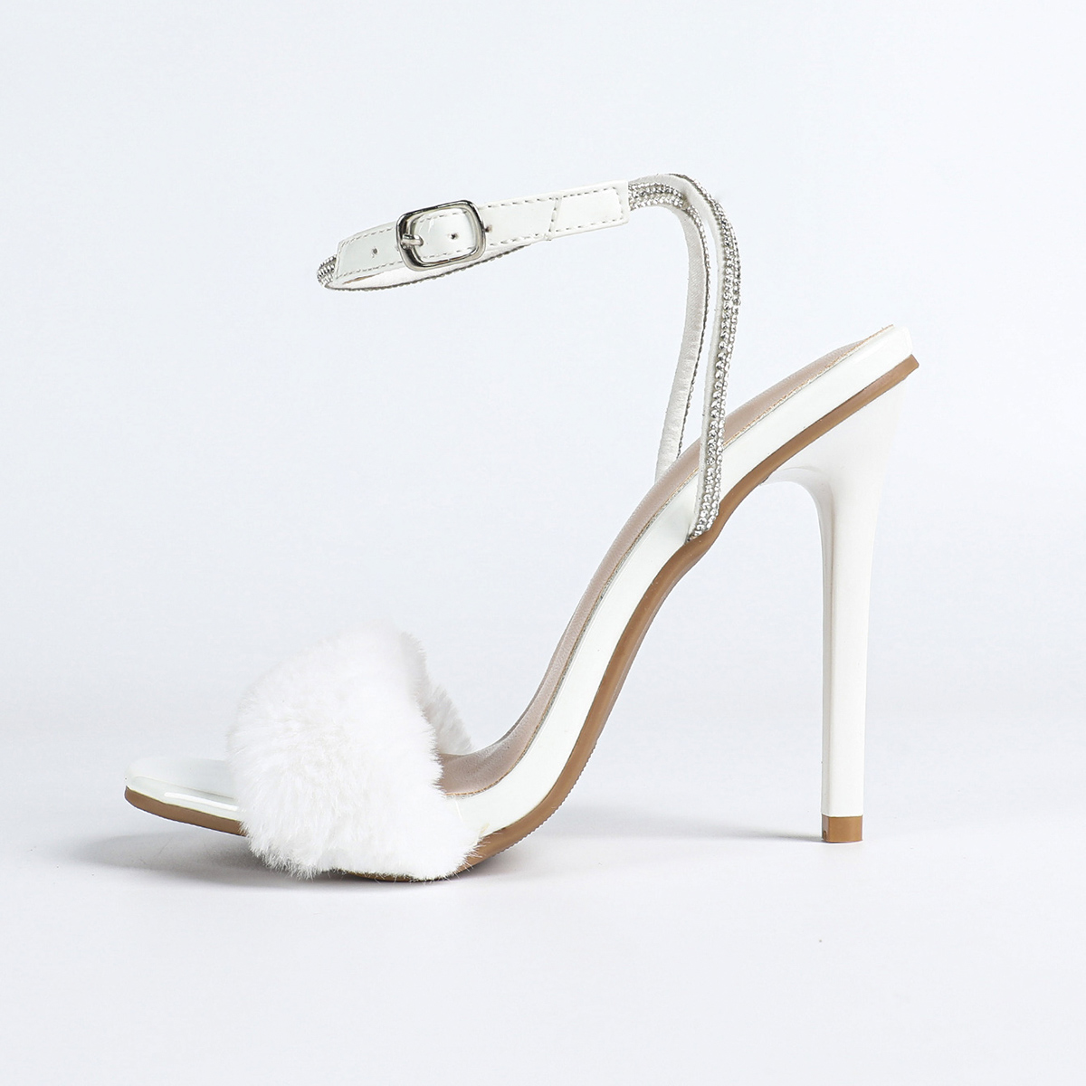 Fairy Style White Furry Open Toe High Heel Sandals Comfortable Square Toe Rhinestone Thin Heel Shoes for Women - Image 5