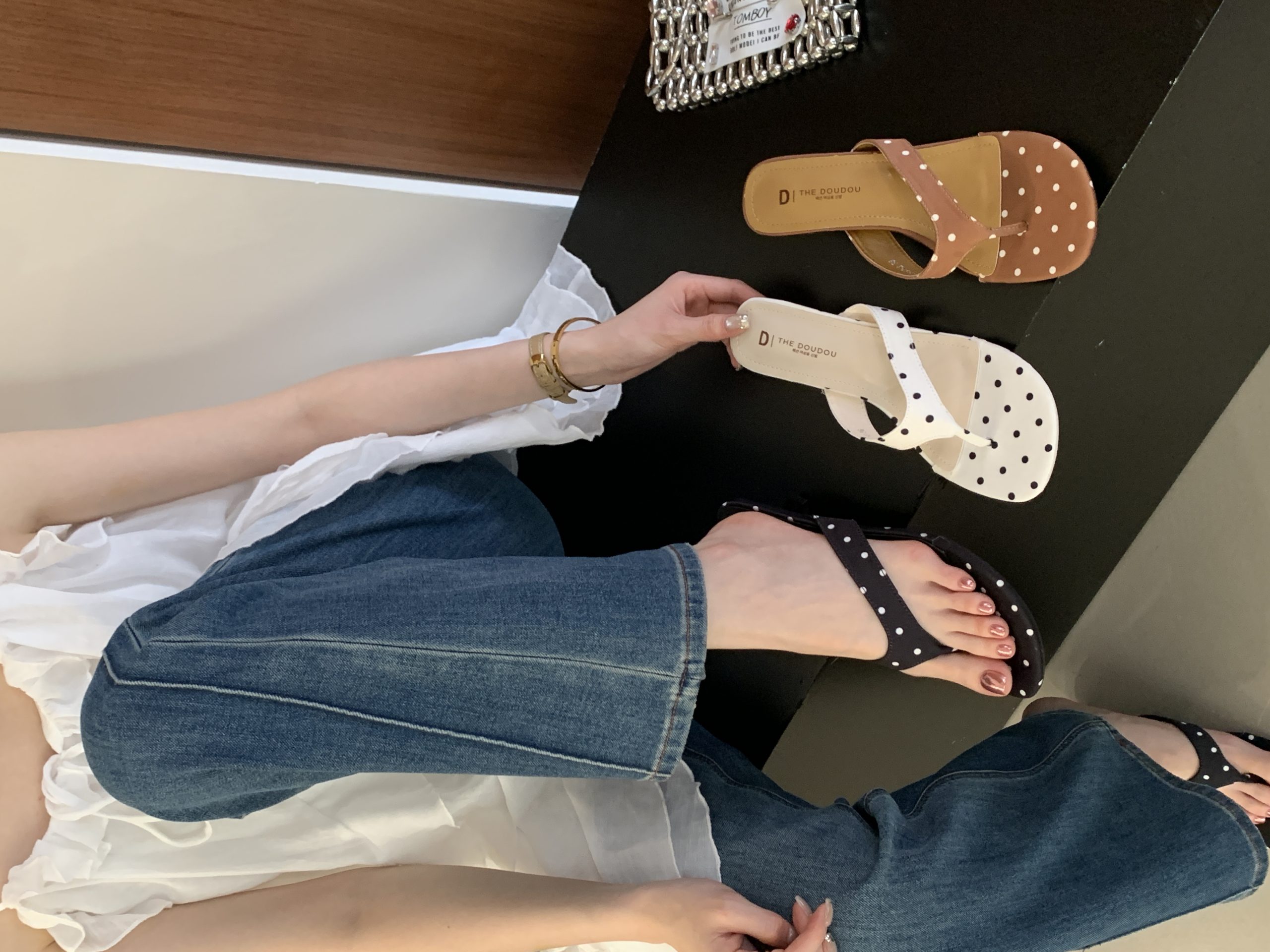 French Polka Dot Thin Heel Toe Clip High Heel Sandals Women Summer 2026 New White Round Toe Thong Slippers Outdoor