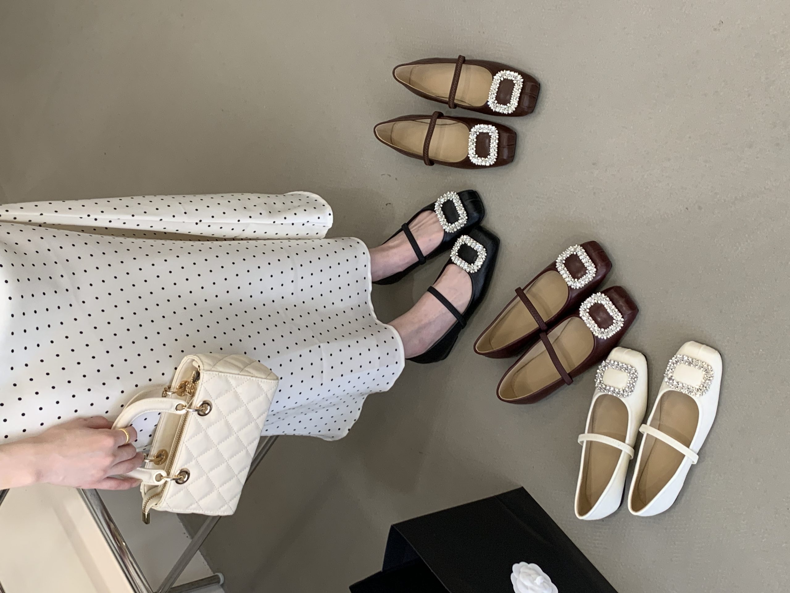 French Style Square Toe Mary Jane Shoes for Women with Rhinestone Buckle, Soft Leather Flat Shoes