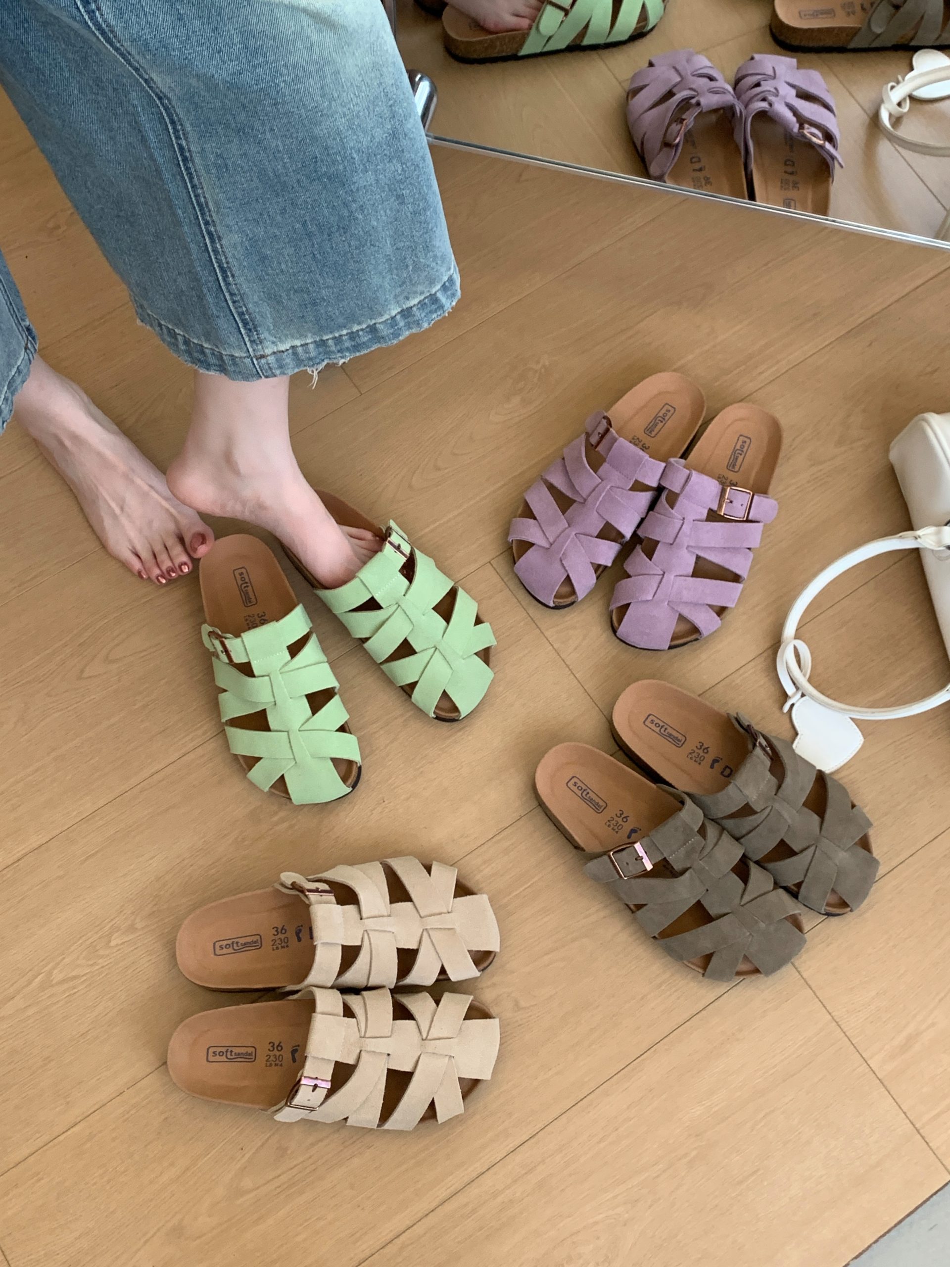 Macaron Color Women's Closed Toe Slippers 2026 Spring Summer Gentle Style Woven One-Strap Buckle Birkenstock Sandals