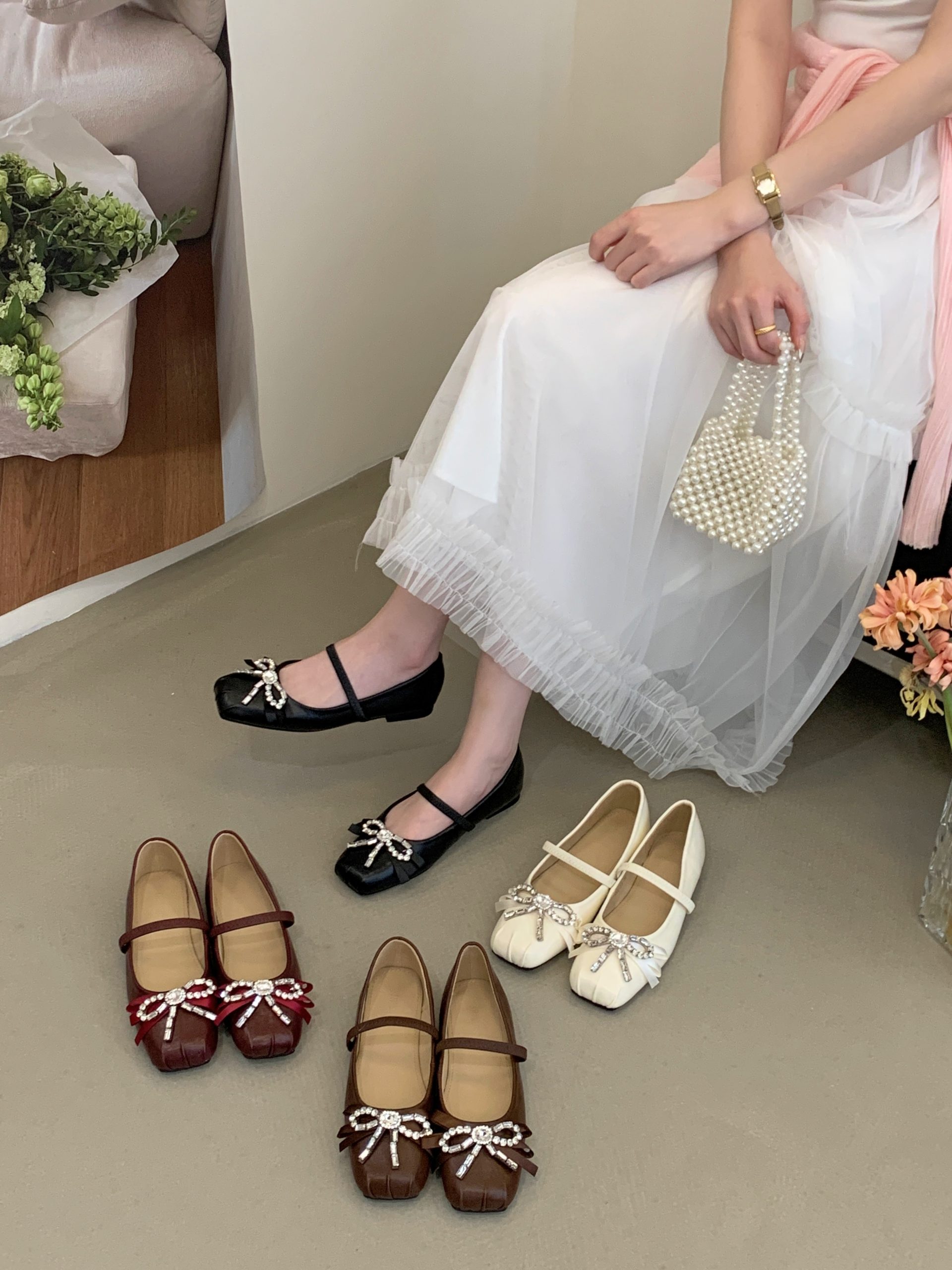 SHIZHUONI Women's Mary Jane Shoes with Bow Rhinestone Hidden Wedge Non-slip Square Toe