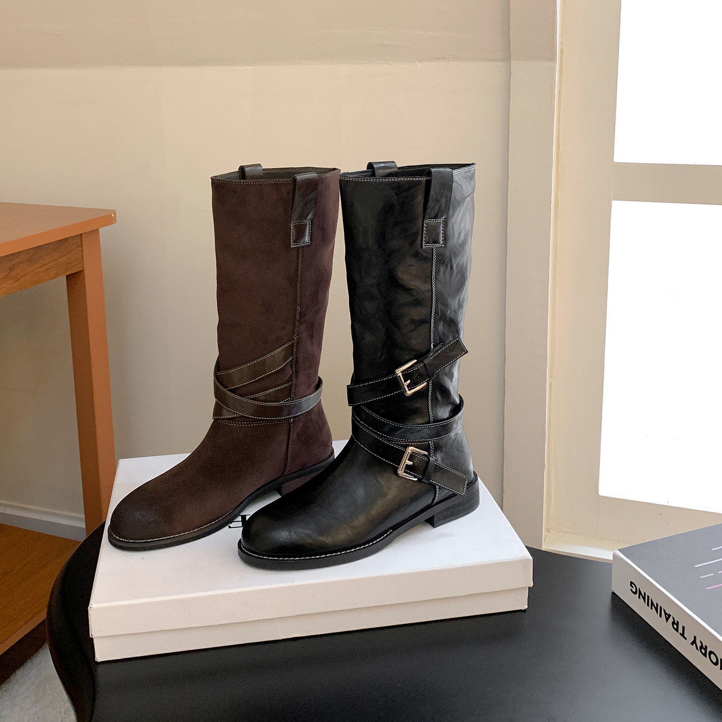Vintage Buckle Chunky Heel Mid Calf Boots for Women Korean Style Retro Work Boots