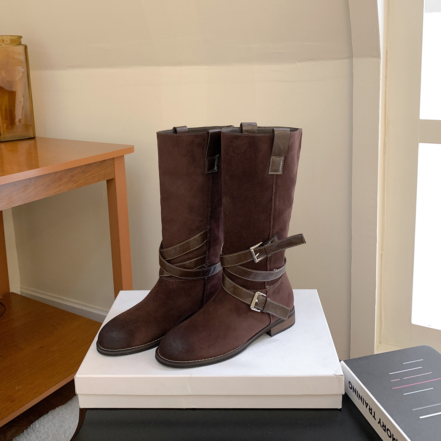 Vintage Buckle Chunky Heel Mid Calf Boots for Women Korean Style Retro Work Boots - Image 3