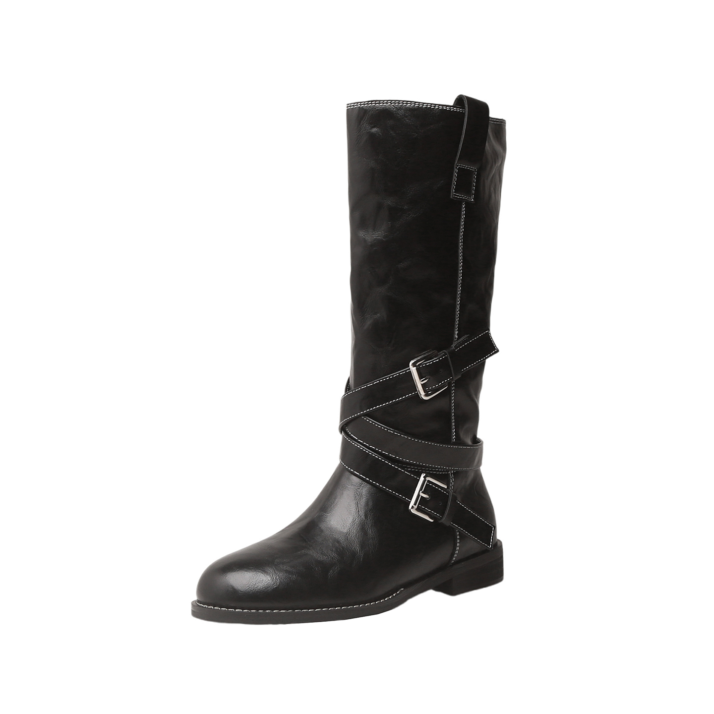 Vintage Buckle Chunky Heel Mid Calf Boots for Women Korean Style Retro Work Boots - Image 5